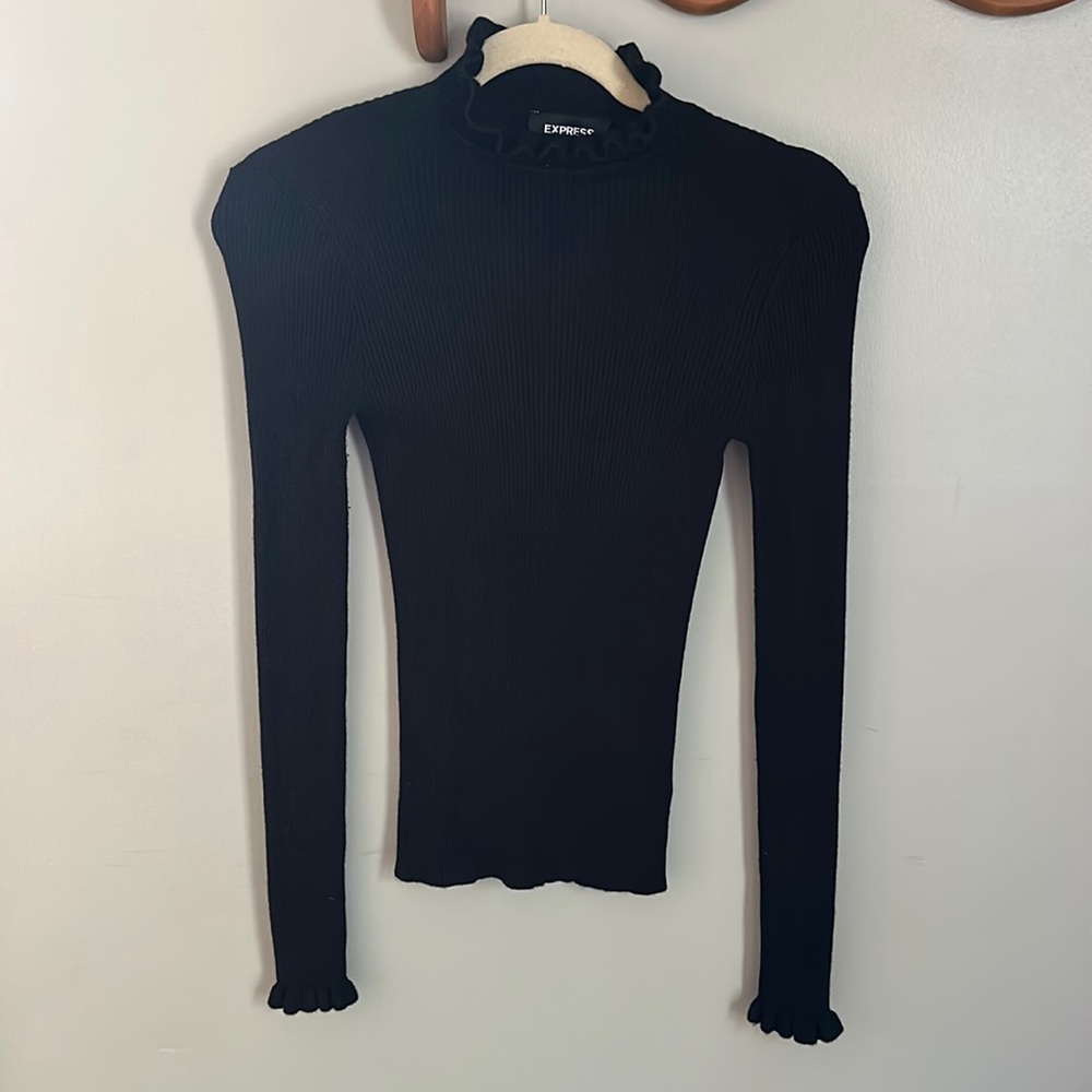 Express Black Ruffle Ribbed Fitted Turtleneck Sweater XS